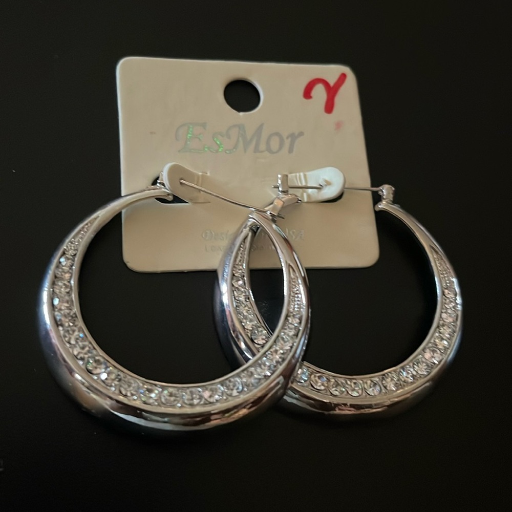Silver sparking stones big hoops earrings